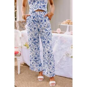 NWT Oliviaceous Wide Leg Blue Summer Soirée High Waist Linen Blend Pants S